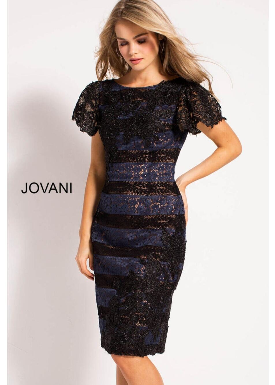NWT Jovani Navy Black Lace Midi Dress - Ruffle Flutter Sleeve Cocktail - Size 0